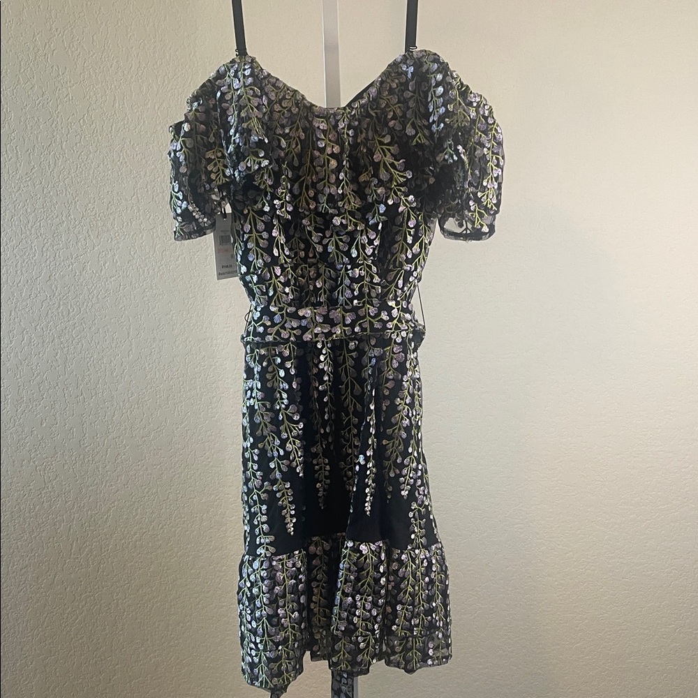 KENSIE BLACK AND PURPLE FLORAL BROCADE OFF-SHOULDER DRESS SIZE 10 NWT